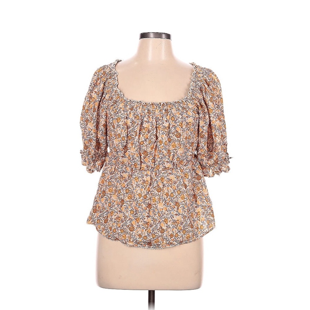Old Navy Floral Smocked Puff Sleeve Top, Cream/Orange/Tan, Size Large, EUC!